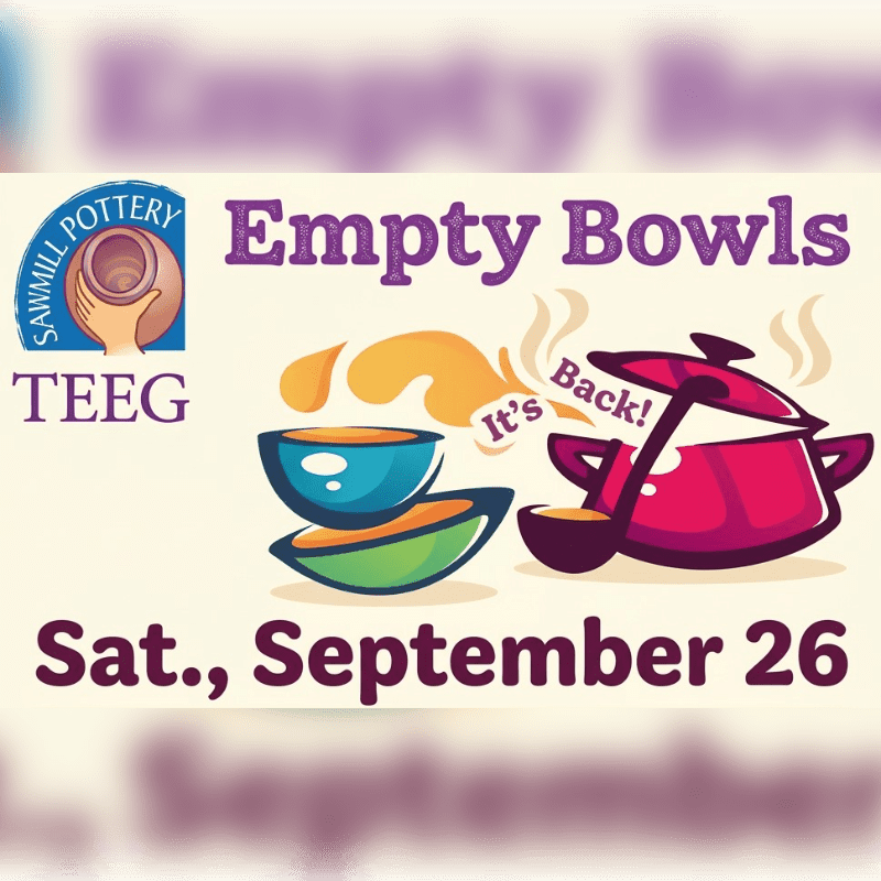 Colorful cartoon bowls and a steaming pot are in the foreground, with a blurred background featuring the text "Empty Bowls" and "Sat., September 26".