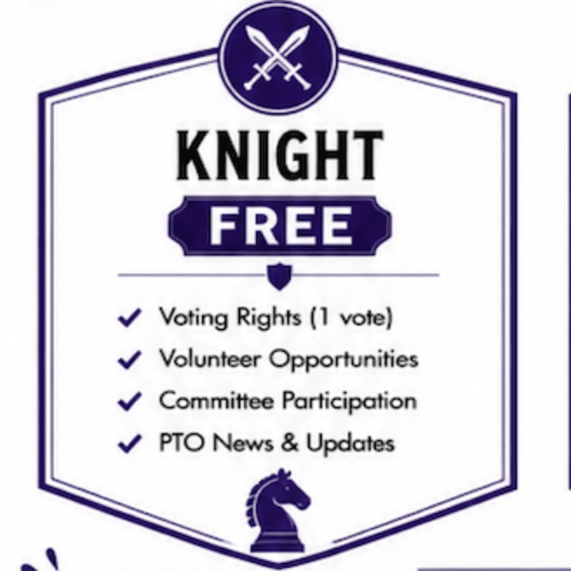 A dark blue knight chess piece stands at the bottom of a white hexagonal frame with the words "KNIGHT FREE" and a list of benefits in dark blue text, set against a white background.