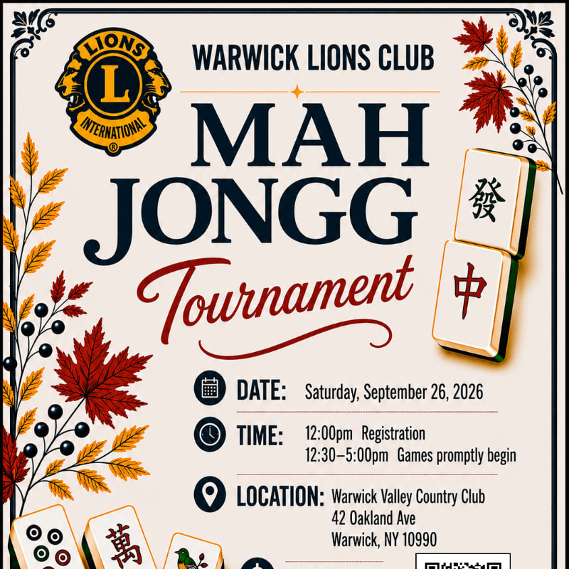 A poster for a Mah Jongg tournament hosted by the Warwick Lions Club features mah jongg tiles and autumn leaves in the foreground against a background of event details.