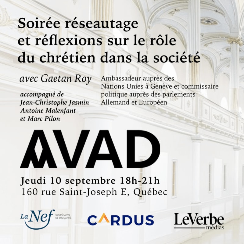 A poster for a networking event titled "Soirée réseautage et réflexions sur le rôle du chrétien dans la société" is displayed against a blurred background of a white, classical-style building interior.