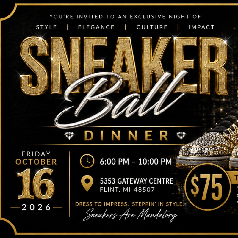 A glittering invitation for a "Sneaker Ball Dinner" on Friday, October 16, 2026, features a close-up of a bedazzled sneaker in the background.