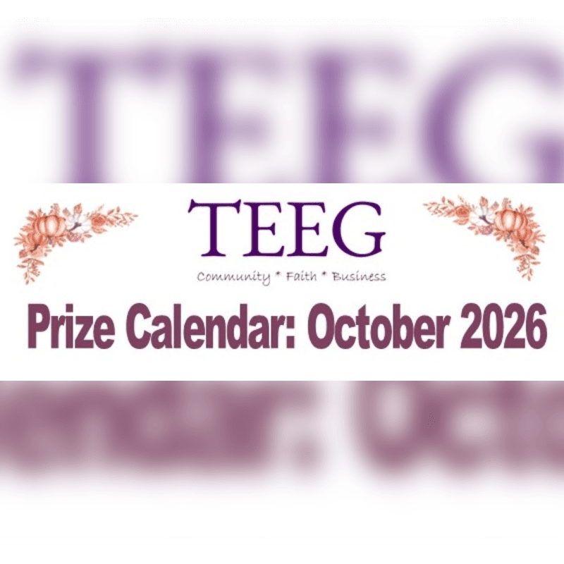 In the foreground, a purple banner announces "Prize Calendar: October 2026" with decorative pumpkins and leaves, while the background features a blurred, large purple "TEEG" logo.