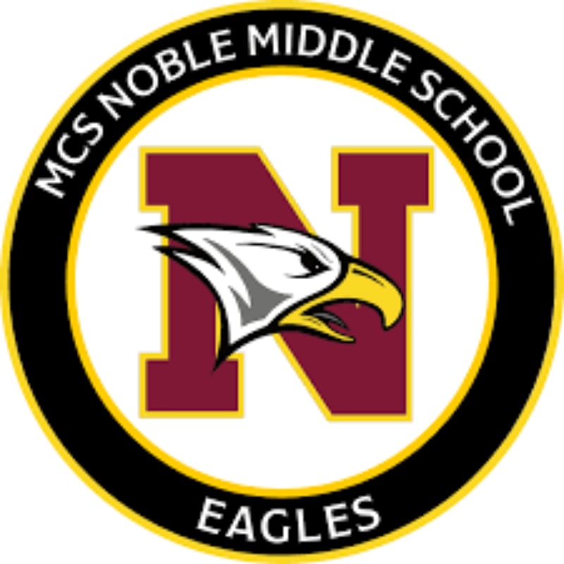 A stylized eagle head in the foreground is superimposed over a large maroon letter "N" in the background, all enclosed within a circular emblem that reads "MCS NOBLE MIDDLE SCHOOL EAGLES."