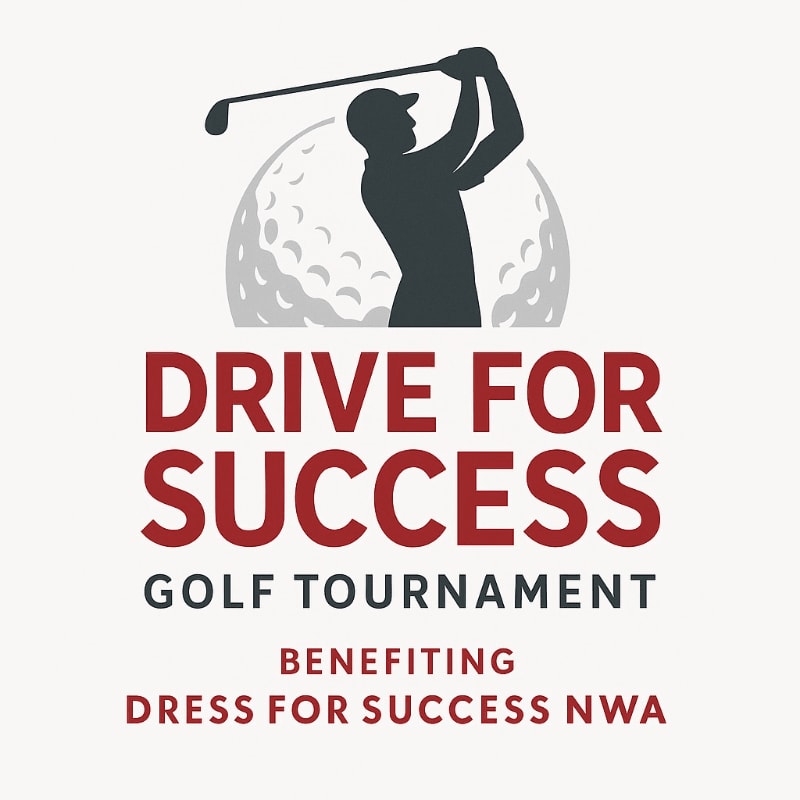 A silhouette of a golfer mid-swing is superimposed on a golf ball, with the text "DRIVE FOR SUCCESS GOLF TOURNAMENT BENEFITING DRESS FOR SUCCESS NWA" below.