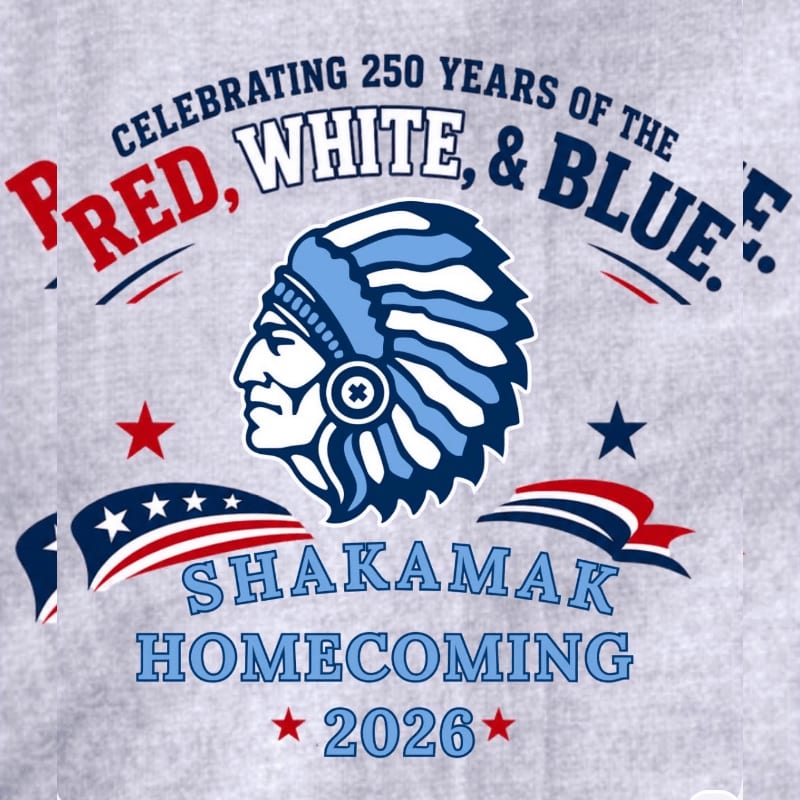 A graphic celebrating "Shakamak Homecoming 2026" features a profile of a Native American chief in a headdress in the foreground, with text about celebrating 250 years of "Red, White, & Blue" in the background.