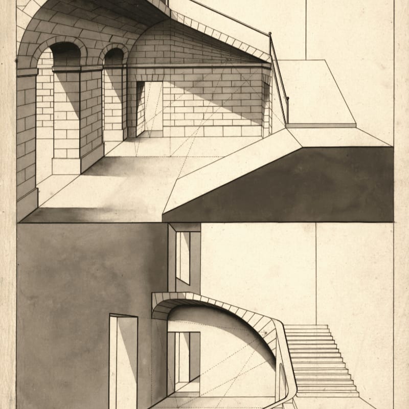 Architectural drawing of a stone staircase and arches