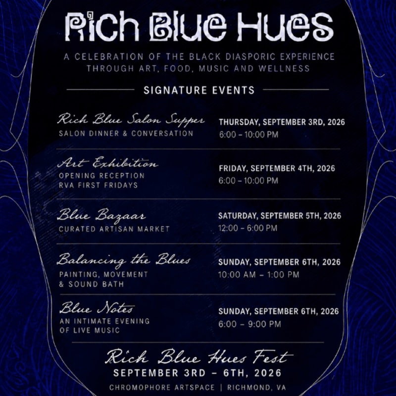 A dark blue poster lists signature events for the "Rich Blue Hues Fest" in Richmond, VA, from September 3rd to 6th, 2026, with decorative swirling lines in the background.
