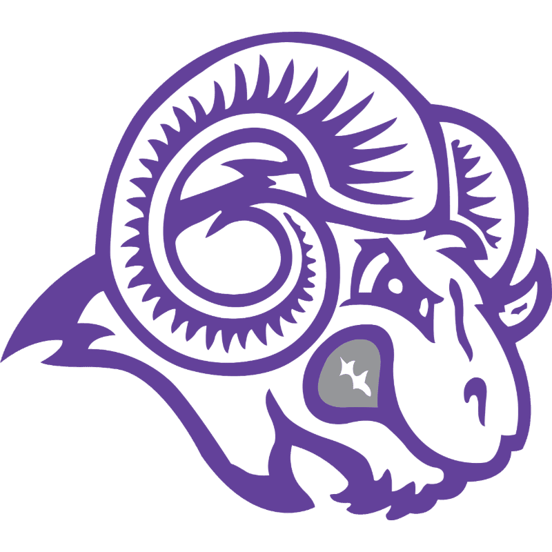 A stylized purple ram's head with a gray patch on its cheek is set against a plain white background.