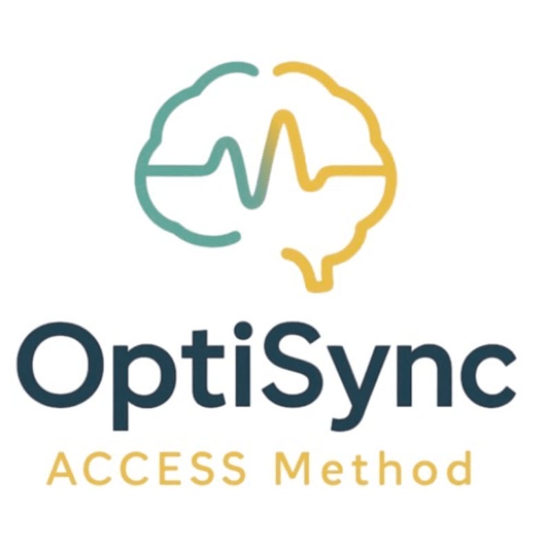 A stylized brain with a heartbeat line in the foreground is set against a white background, with the text "OptiSync ACCESS Method" below it.