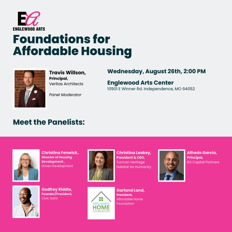 A pink and white flyer announces "Foundations for Affordable Housing" with a moderator and panelists pictured in the foreground, and event details in the background.