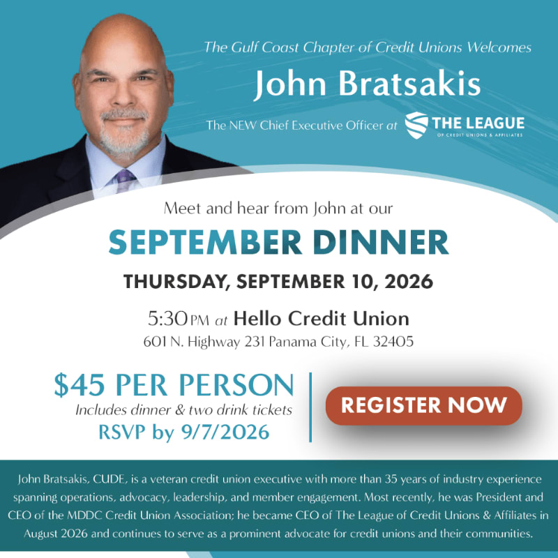 A portrait of John Bratsakis is featured in the foreground of this flyer, which announces a September dinner event hosted by The Gulf Coast Chapter of Credit Unions.