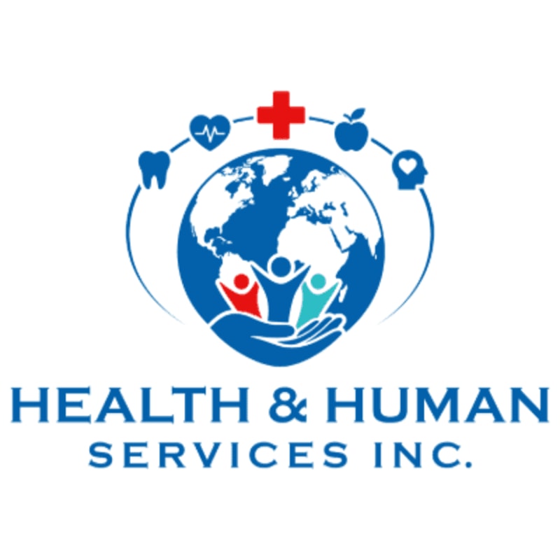 A globe with stylized figures and health icons forms the central element above the text "HEALTH & HUMAN SERVICES INC." on a white background.