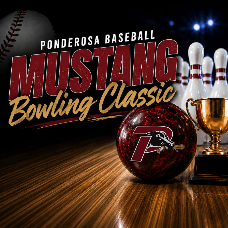 A bowling ball with a Ponderosa Mustang logo rests on a wooden lane in the foreground, while bowling pins and a trophy stand in the background, all under the text "Ponderosa Baseball Mustang Bowling Classic."