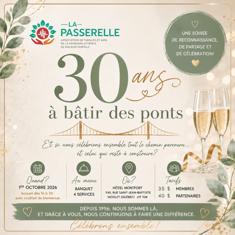 Two glasses of champagne in the foreground are set against a background celebrating "30 years of building bridges" with event details for a gala.