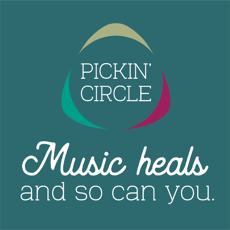 A teal background frames the "Pickin' Circle" logo with colorful arcs above text that reads "Music heals and so can you."