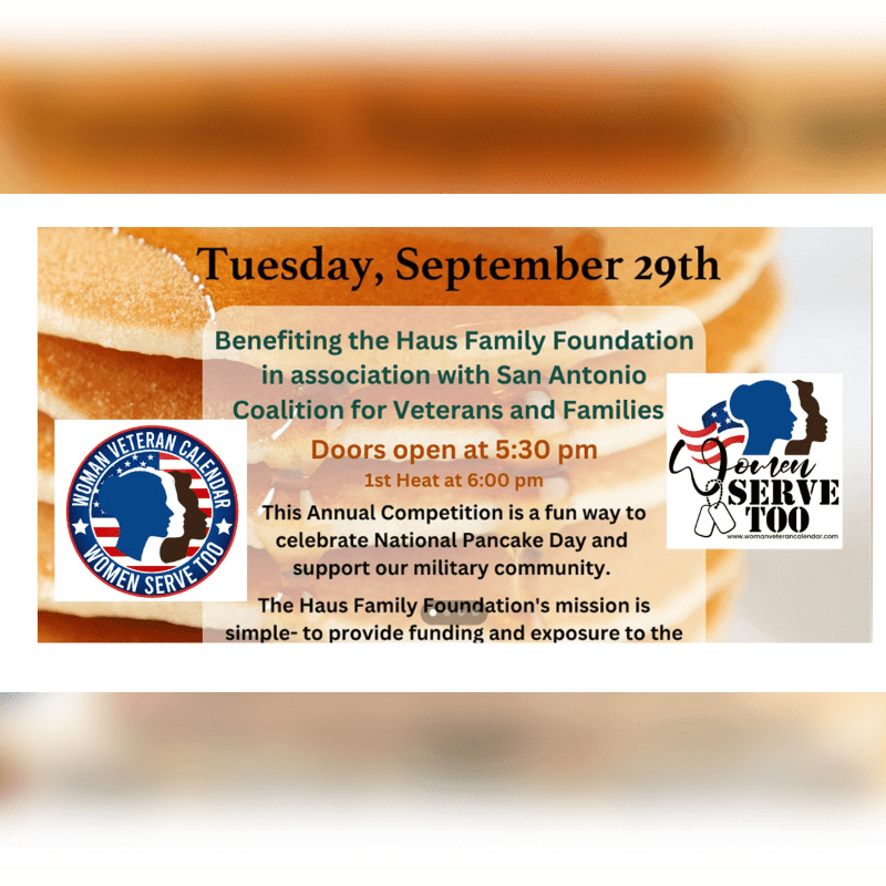 A stack of pancakes serves as the background for a flyer announcing a pancake day competition benefiting the Haus Family Foundation.