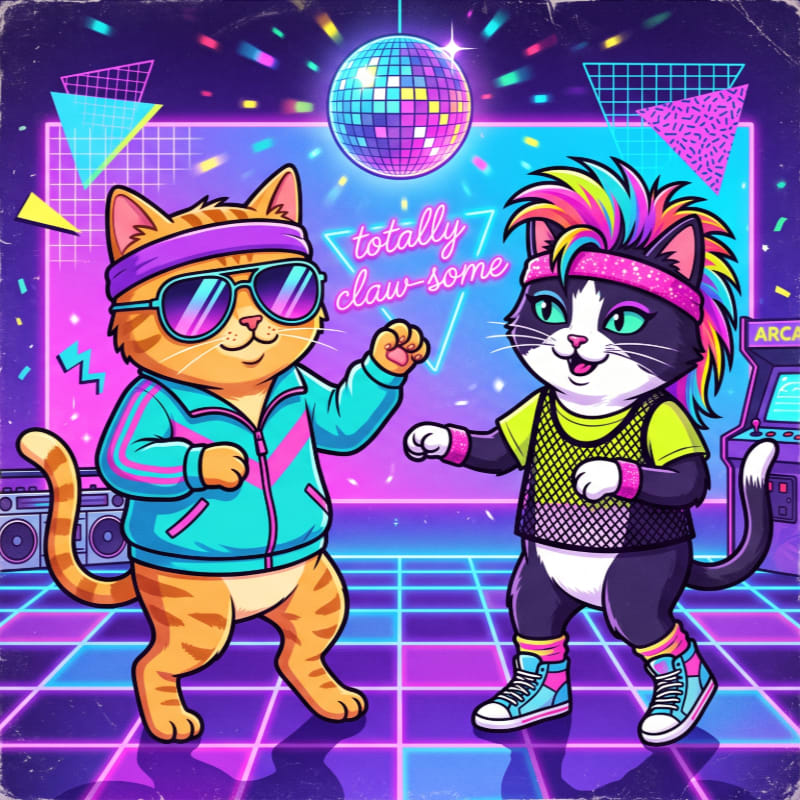 Two anthropomorphic cats in 1980s athletic wear dance under a disco ball with an arcade cabinet and geometric shapes in the background.