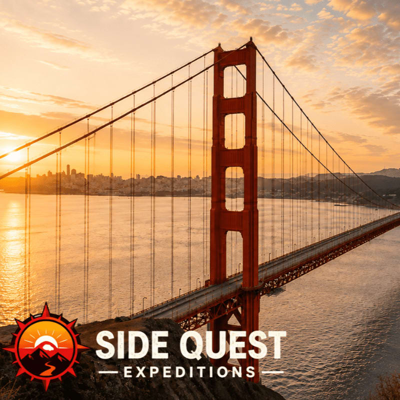 The iconic Golden Gate Bridge stands majestically over the water, with the San Francisco skyline visible in the distance under a warm, sunset sky.