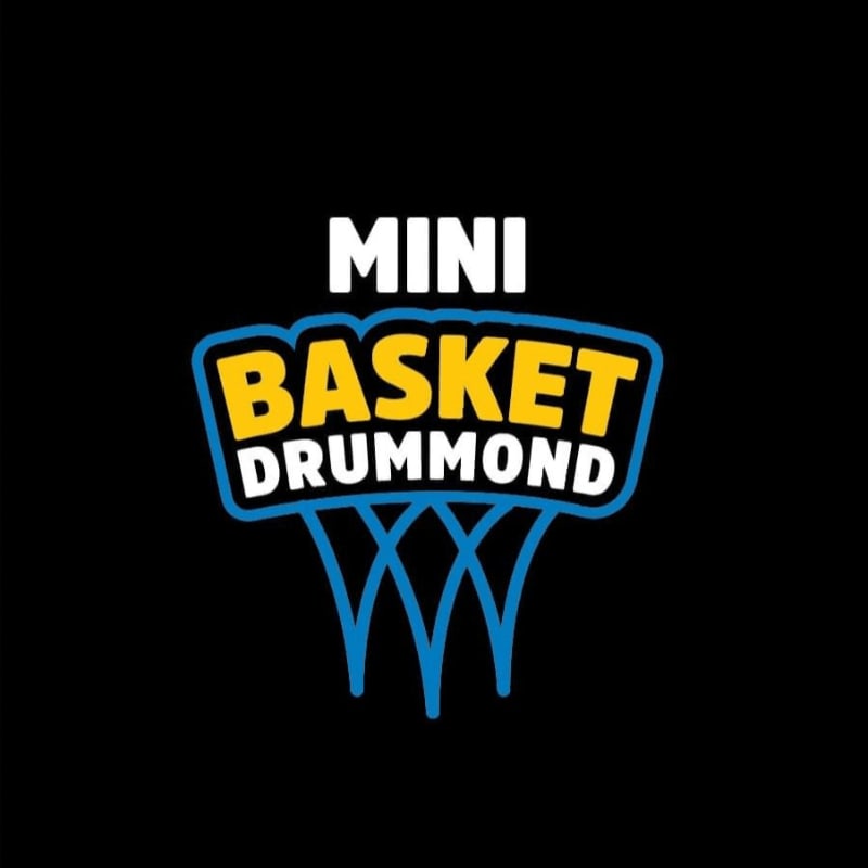 A black background frames a logo with "MINI BASKET DRUMMOND" in white and yellow text above a blue basketball net.