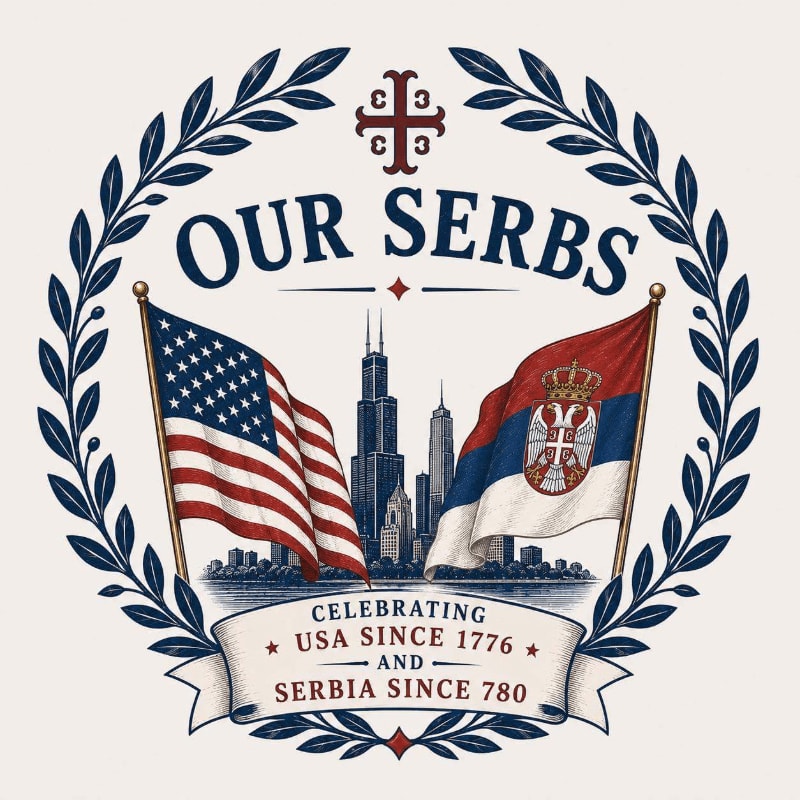 Two flags, the American and Serbian, stand proudly in the foreground against a backdrop of city skyscrapers, all framed by a laurel wreath.