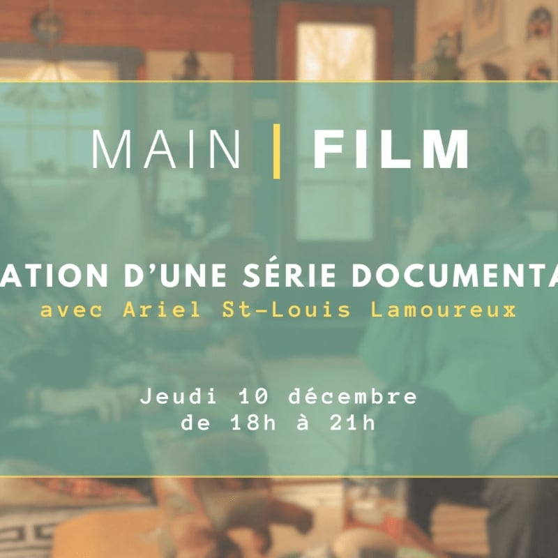 A blurred foreground of people gathered indoors is overlaid with text announcing a documentary series screening with Ariel St-Louis Lamoureux on Thursday, December 10th from 6 PM to 9 PM.