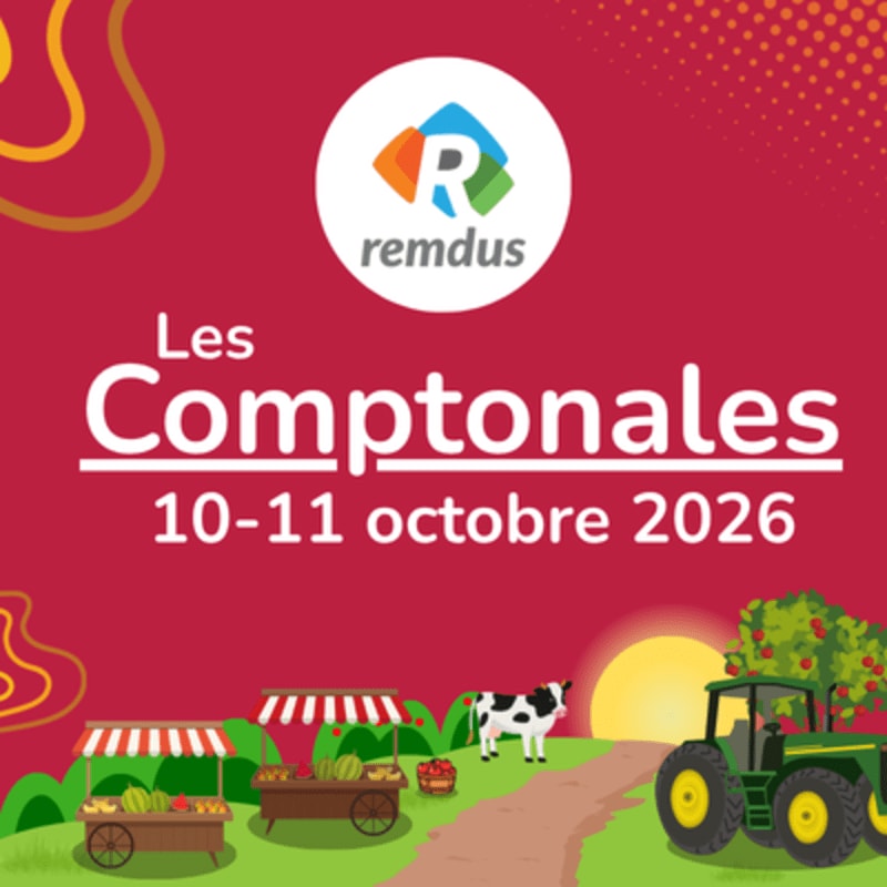 A vibrant red background with the "Les Comptionales" event title and dates is overlaid on a scene of a farm with market stalls in the foreground and a tractor and cow in the background.