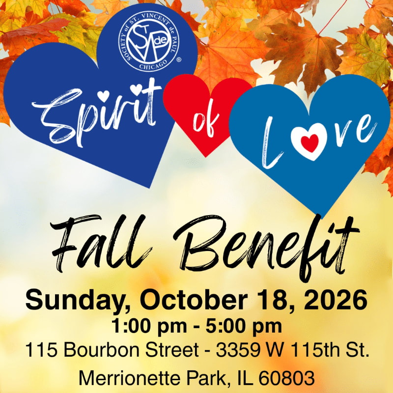 Blue and red hearts with "Spirit of Love" text are in the foreground, set against a blurred background of autumn leaves and event details for a "Fall Benefit."