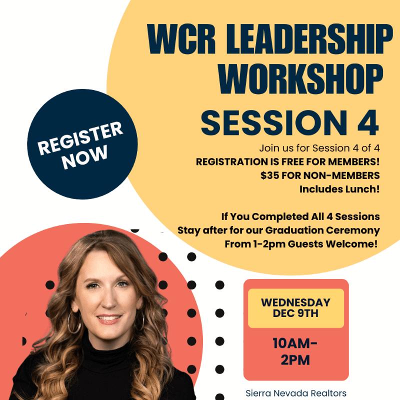 A woman with wavy brown hair is featured in the foreground against a yellow and orange background advertising a WCR Leadership Workshop Session 4.