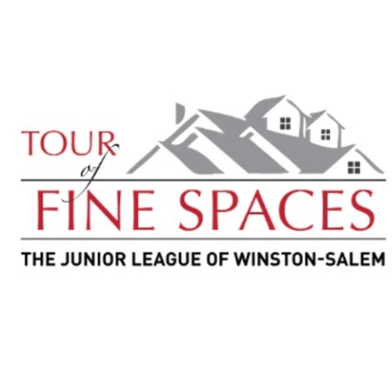 A logo for "Tour of Fine Spaces" by The Junior League of Winston-Salem features stylized houses and roofs in the background, with bold red text in the foreground.