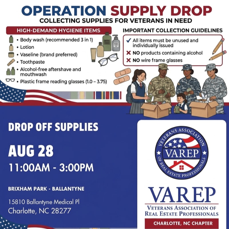 In the foreground, a flyer advertises a supply drop for veterans with donation details and guidelines, while the background features illustrations of hygiene items and military personnel.