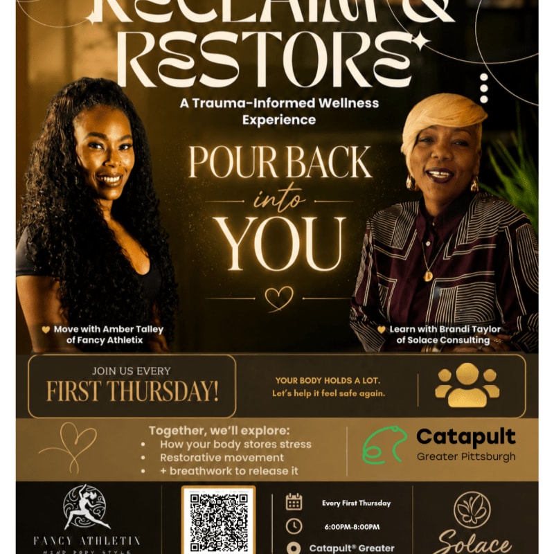 Two women are featured in the foreground of a flyer advertising a wellness experience, with text and logos filling the background.