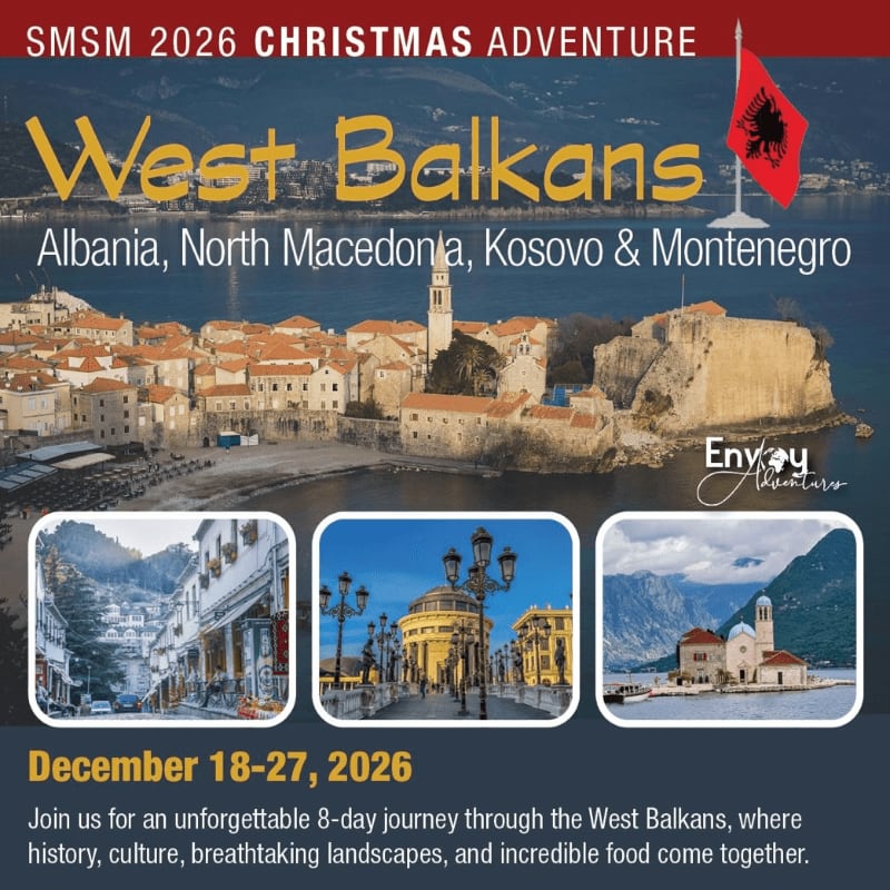 A collage advertises a "West Balkans Christmas Adventure" featuring a scenic coastal town in the background and three smaller images of European cityscapes and a church on a small island in the foreground.