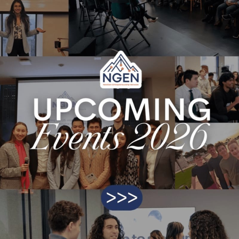 A collage of images showcases a group of young people at events, with the central focus on "UPCOMING Events 2026" and the NGEN logo.