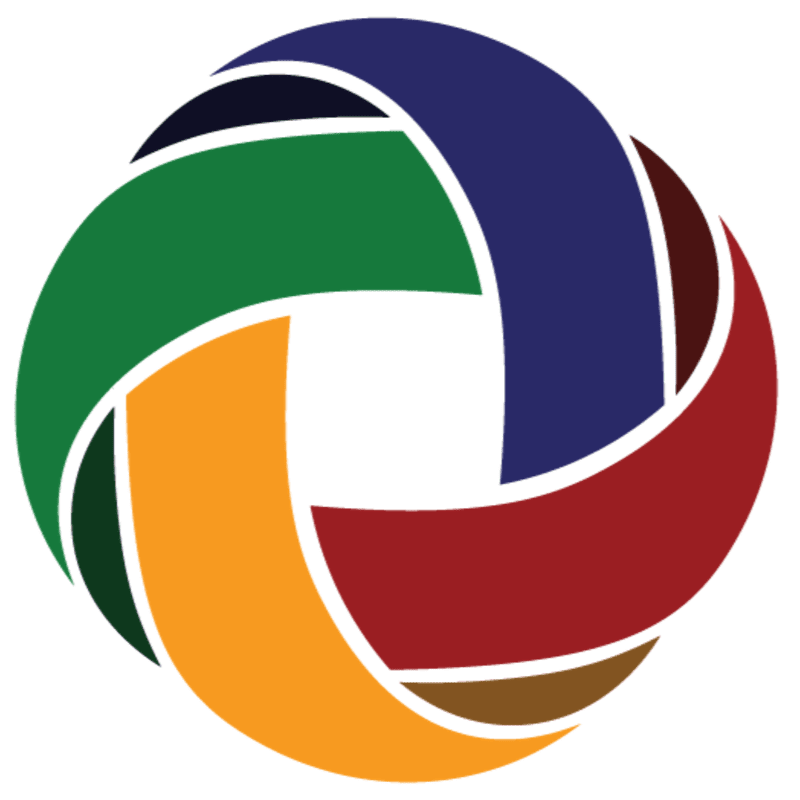 A colorful, circular logo with swirling segments of blue, green, orange, red, and brown is set against a plain white background.