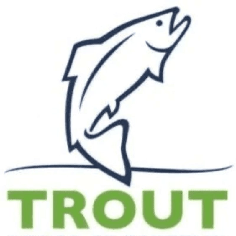 A leaping trout in dark blue is silhouetted against a white background, with green text spelling "TROUT" below a thin, wavy line.