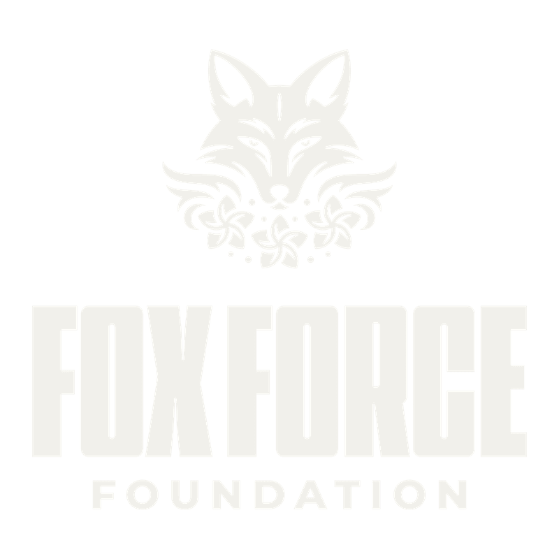 A stylized white fox head with floral accents sits above bold white text reading "FOX FORCE FOUNDATION" on a plain white background.
