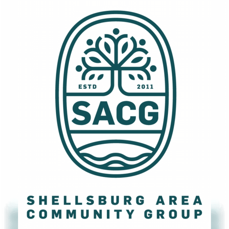 A teal logo featuring a stylized tree with roots and branches, the letters "SACG", and the words "ESTD 2011" is centered on a white background, with the full name "SHELLSBURG AREA COMMUNITY GROUP" printed below it.
