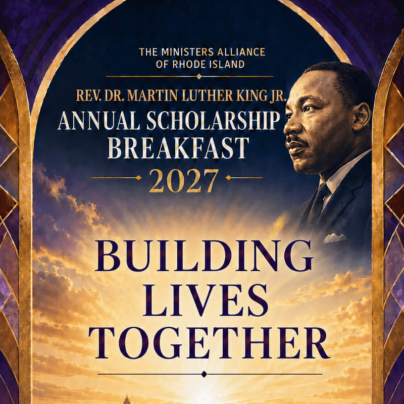 A portrait of Martin Luther King Jr. is featured in the upper right, with the text "BUILDING LIVES TOGETHER" prominently displayed in the foreground against a sunrise background.