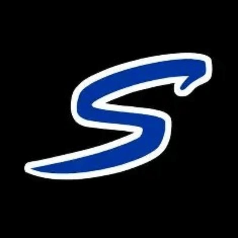 A stylized blue letter "S" with a white outline floats against a solid black background.