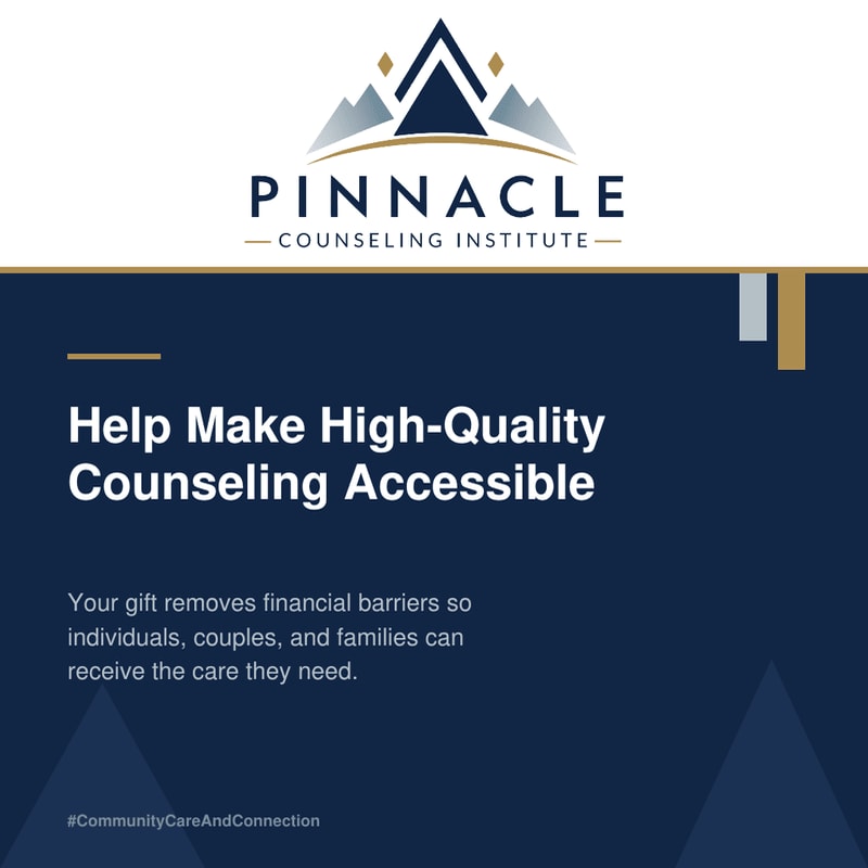 A dark blue background with white text promoting accessible counseling is overlaid by the Pinnacle Counseling Institute logo at the top.