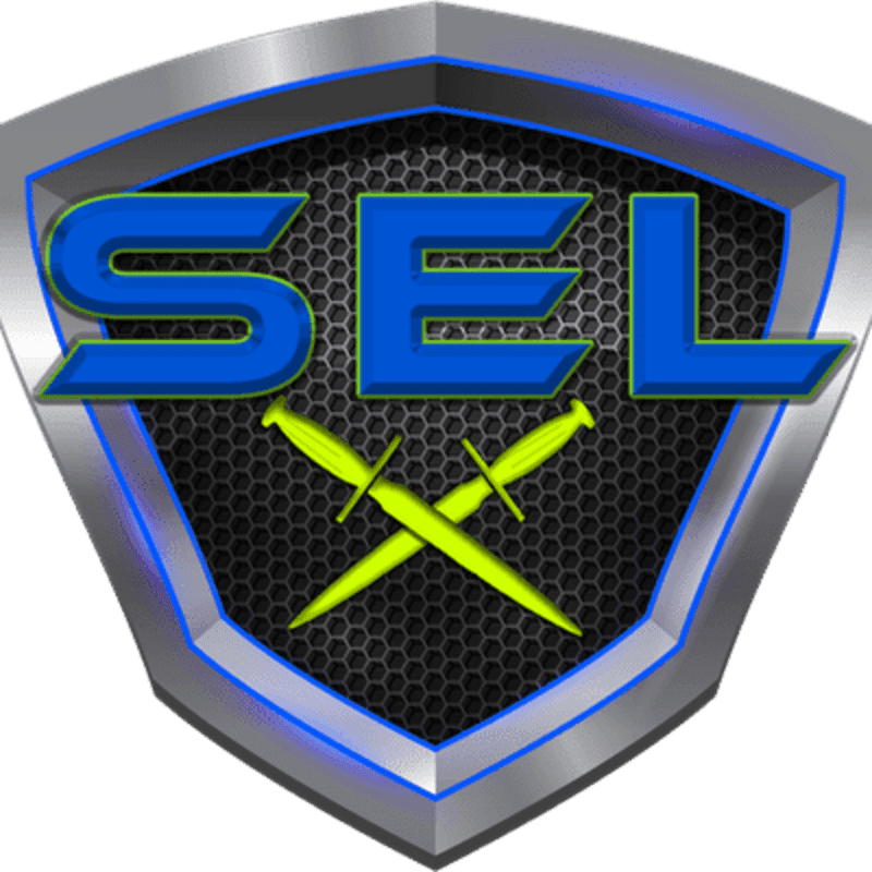 A metallic shield with a honeycomb pattern in the background frames the blue letters "SEL" above two crossed yellow daggers in the foreground.