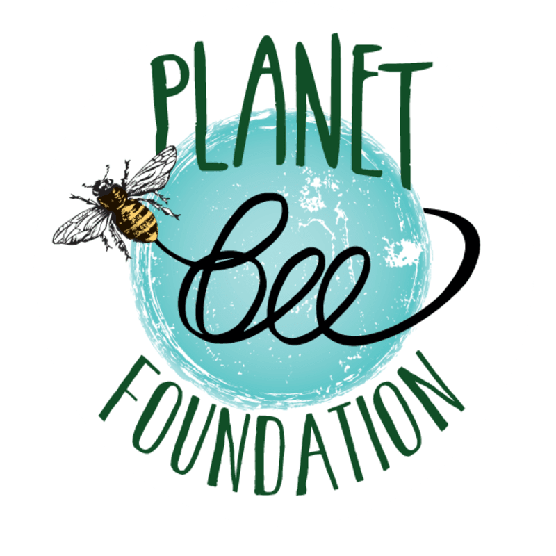 A bee flies in front of a turquoise globe with the words "PLANET BEE FOUNDATION" written in green text around it.