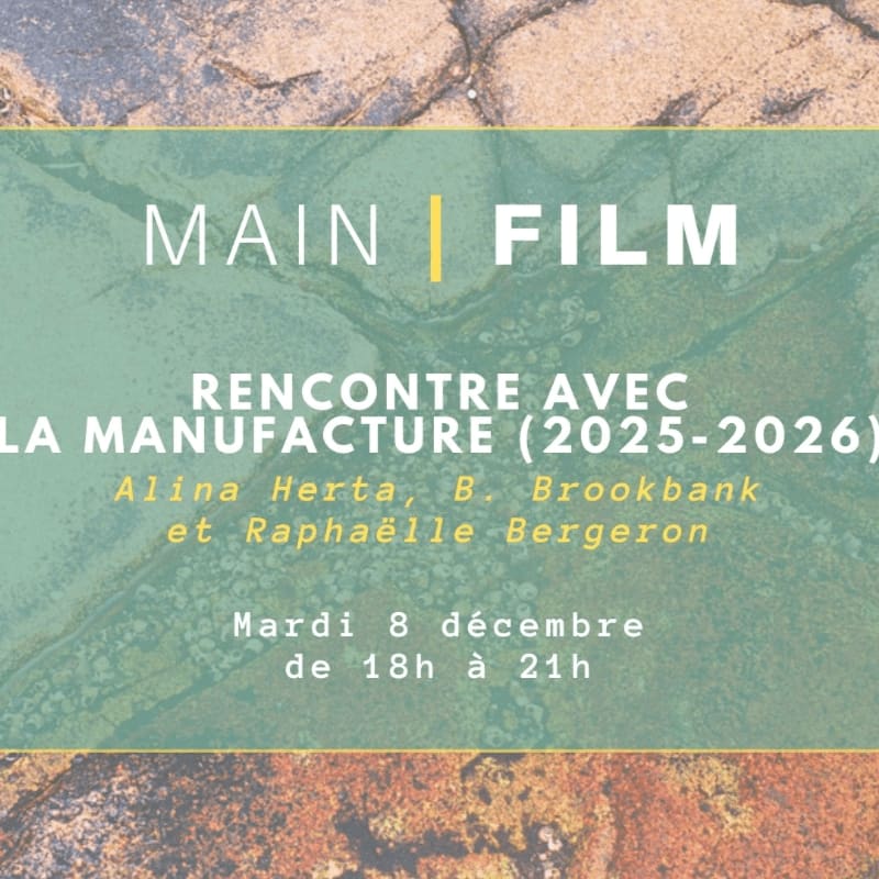 A muted, textured background frames a green rectangle containing text about a "MAIN | FILM" event with speakers and a date.