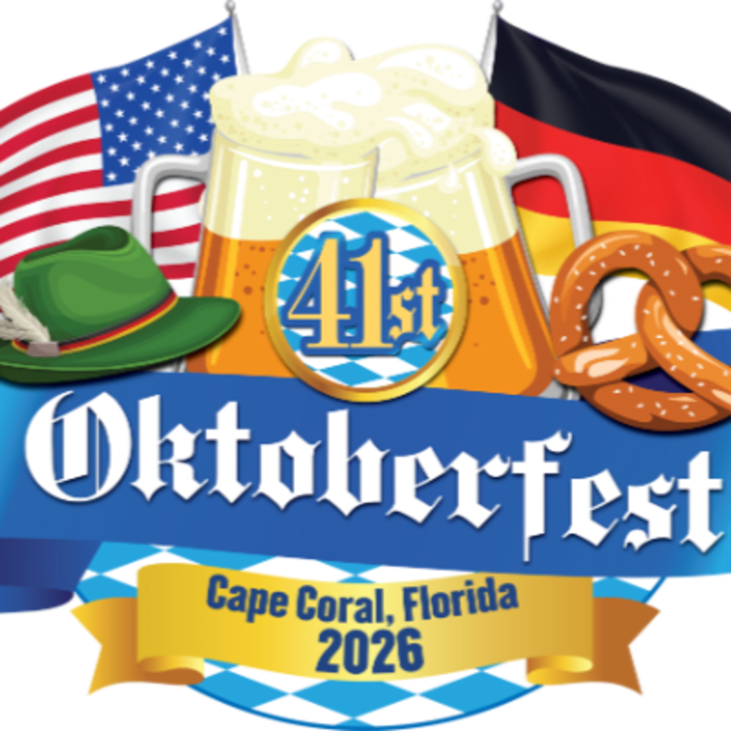 Two frothy beer steins and a pretzel sit in the foreground, with the words "Oktoberfest Cape Coral, Florida 2026" below, all set against a backdrop of the American and German flags.