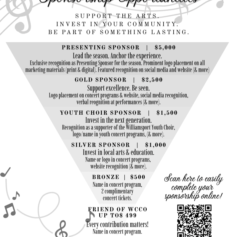 Musical notes and sponsorship levels are displayed on a light background, with a QR code in the lower right corner.