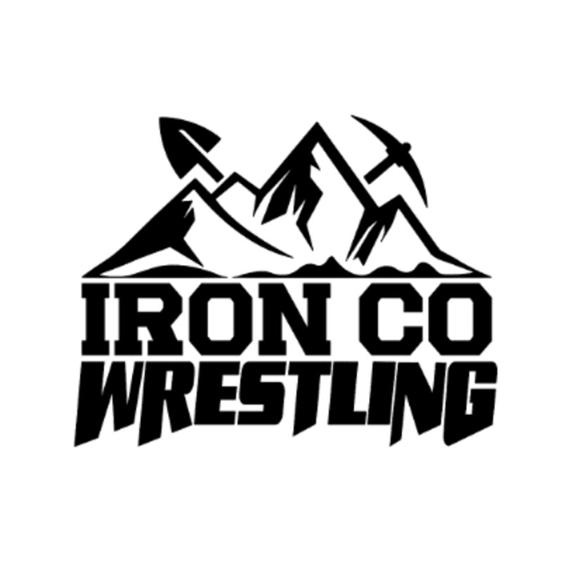 A black and white logo features the words "IRON CO WRESTLING" in bold, stylized font in the foreground, with a mountain range and mining tools in the background.
