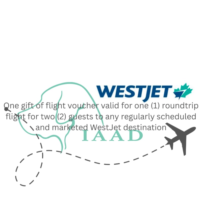 A WestJet logo and flight voucher text are in the foreground, with a stylized airplane and dotted flight path against a white background.