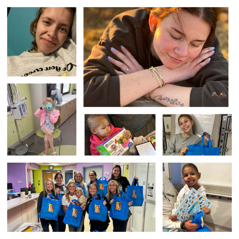 A collage of photos features a young woman in the foreground, with a hospital room and a group of people holding gift bags in the background.