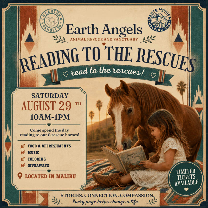 A young girl reads a book to a horse in the foreground, with a rustic, patterned background featuring event details for "Reading to the Rescues."
