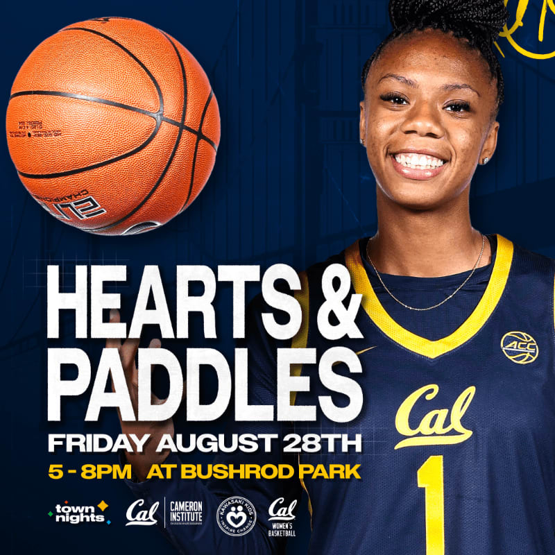 A smiling basketball player in a Cal uniform stands in the foreground with a basketball above her, against a dark blue background featuring event details.